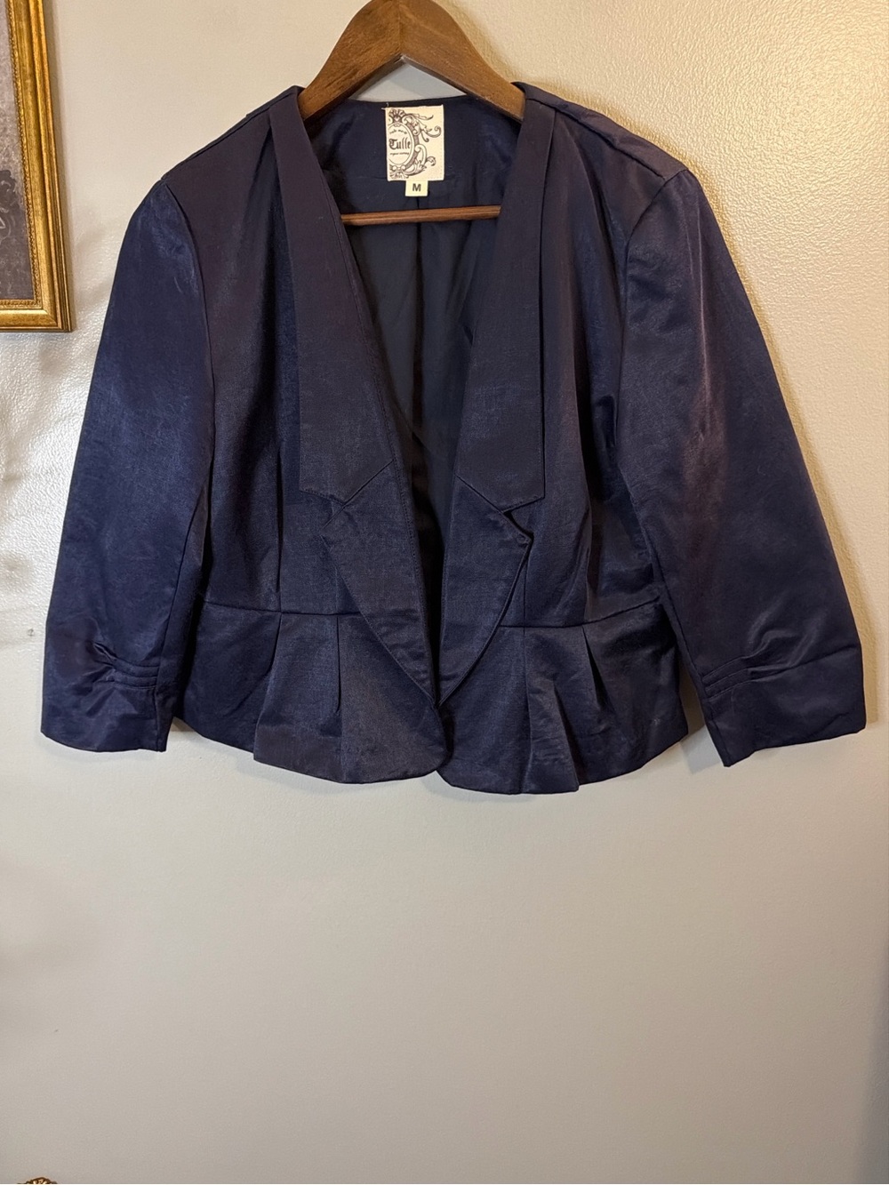 Tulle Navy Cropped Blazer Jacket Medium Ruched Sleeve Peplum Open Front - Picture 2 of 8